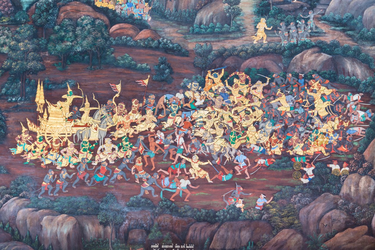 Mural con escenas del Ramayana en Wat Phra Kaeo, Gran Palacio Real, Bangkok, Tailandia de Thai School