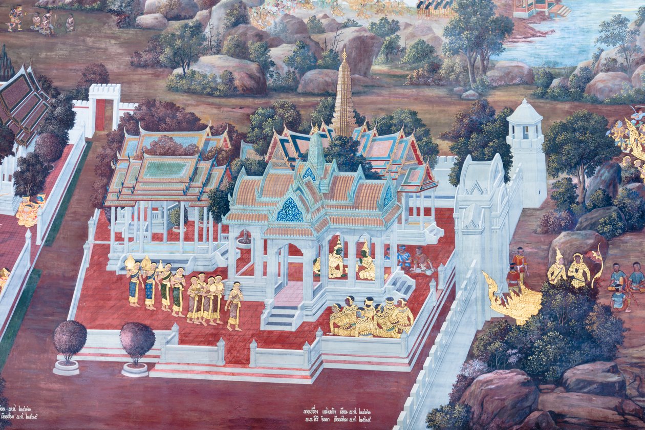 Mural con escenas del Ramayana en Wat Phra Kaeo, Gran Palacio Real, Bangkok, Tailandia de Thai School