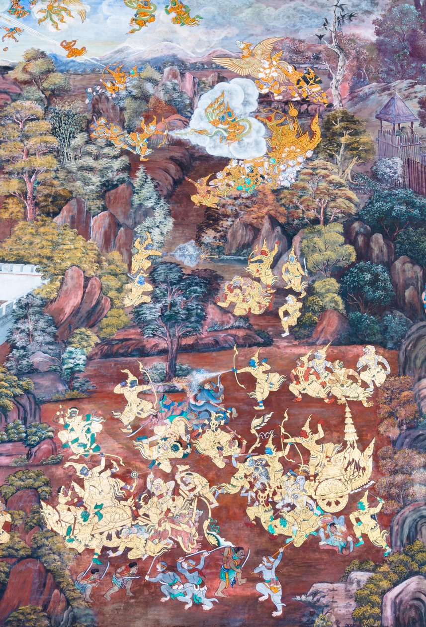 Mural con escenas del Ramayana en Wat Phra Kaeo, Gran Palacio Real, Bangkok, Tailandia de Thai School