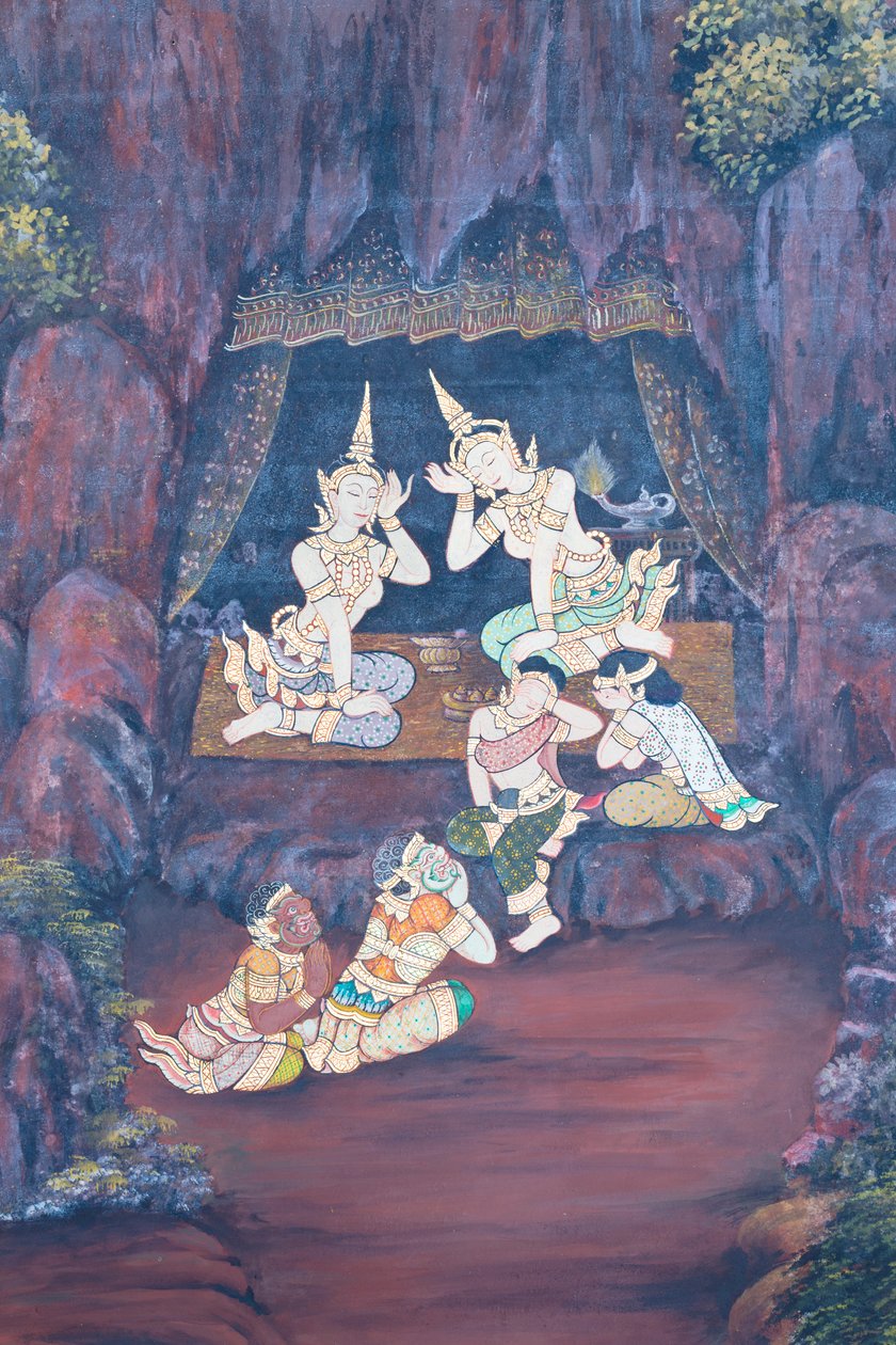 Mural con escenas del Ramayana en Wat Phra Kaeo, Gran Palacio Real, Bangkok, Tailandia de Thai School