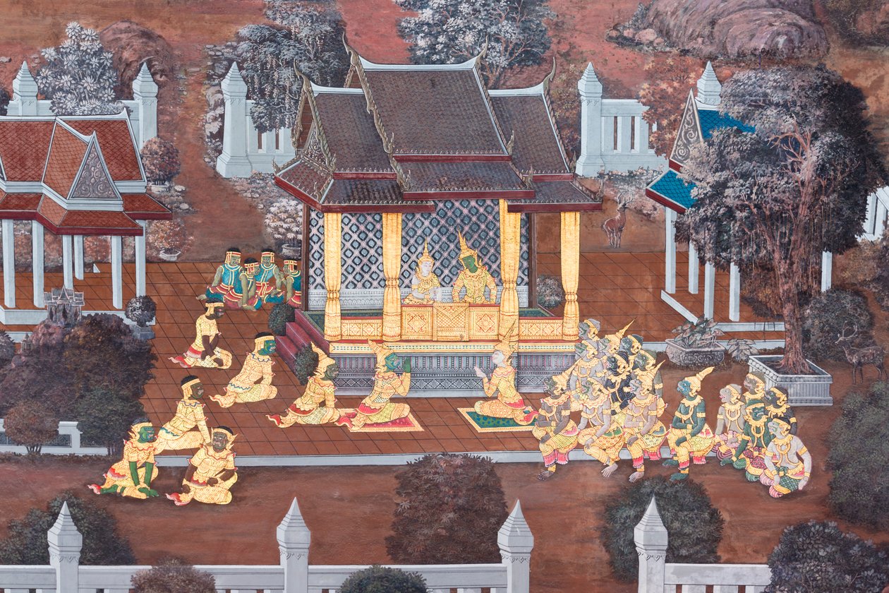 Mural con escenas del Ramayana en Wat Phra Kaeo, Gran Palacio Real, Bangkok, Tailandia de Thai School