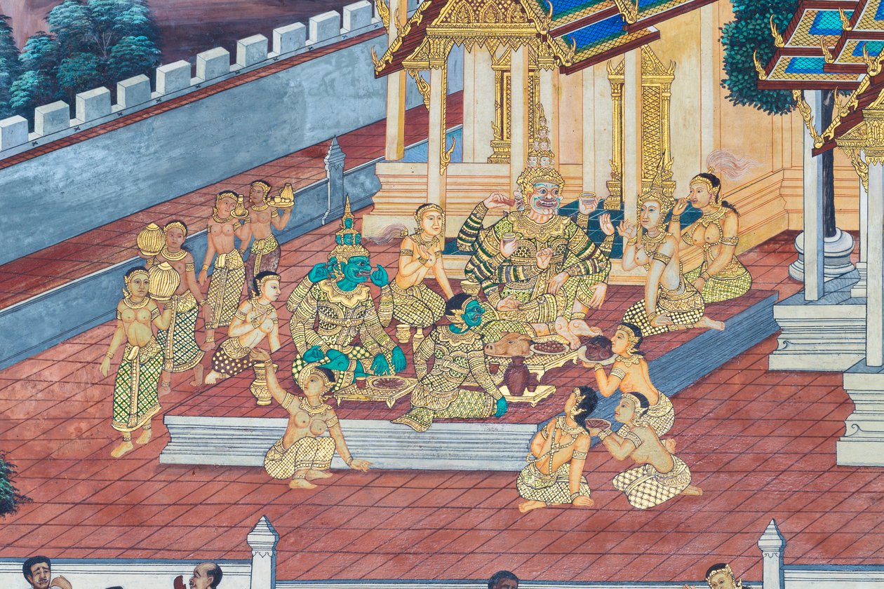 Mural con escenas del Ramayana en Wat Phra Kaeo, Gran Palacio Real, Bangkok, Tailandia de Thai School