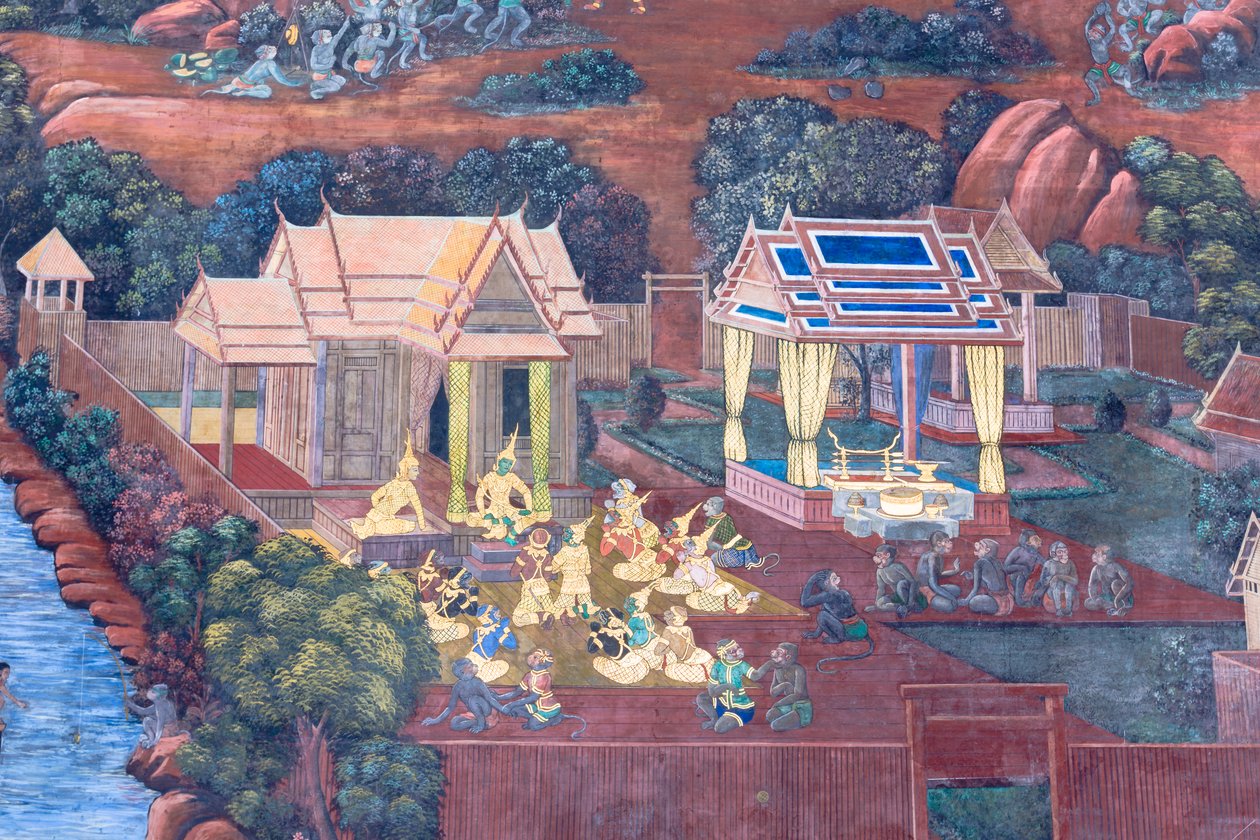 Mural con escenas del Ramayana en Wat Phra Kaeo, Gran Palacio Real, Bangkok, Tailandia de Thai School