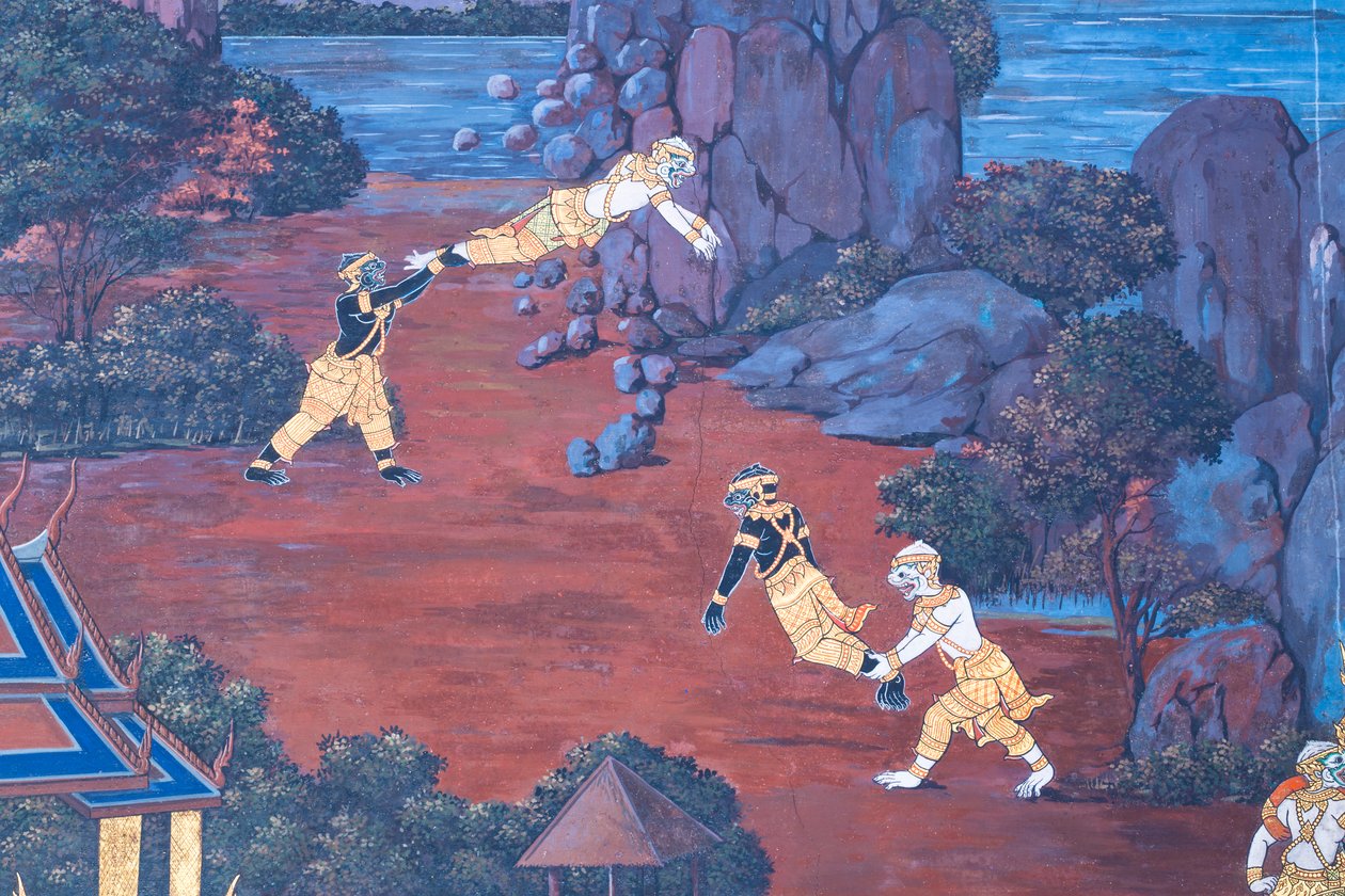 Mural con escenas del Ramayana en Wat Phra Kaeo, Gran Palacio Real, Bangkok, Tailandia de Thai School