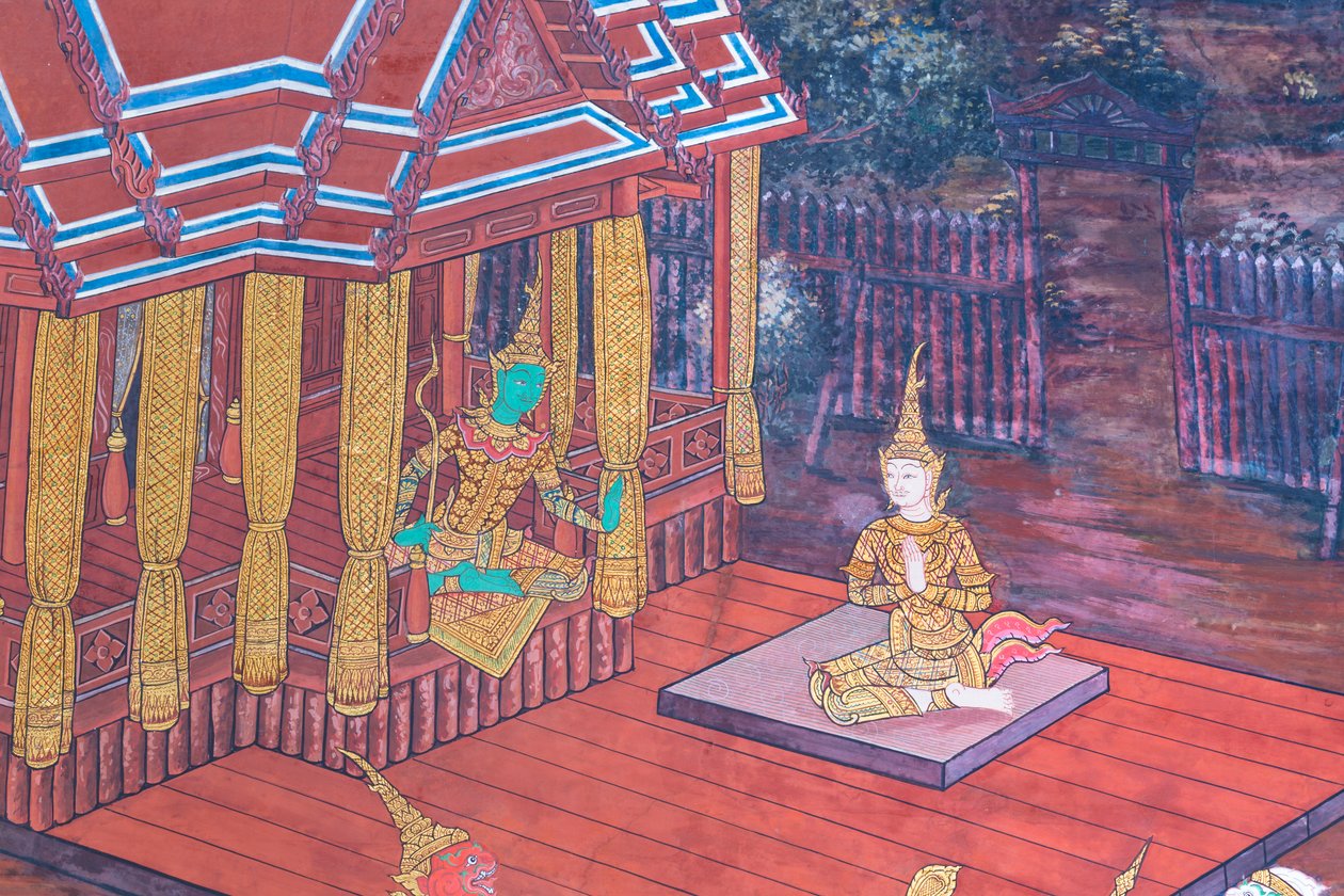 Mural con escenas del Ramayana en Wat Phra Kaeo, Gran Palacio Real, Bangkok, Tailandia de Thai School
