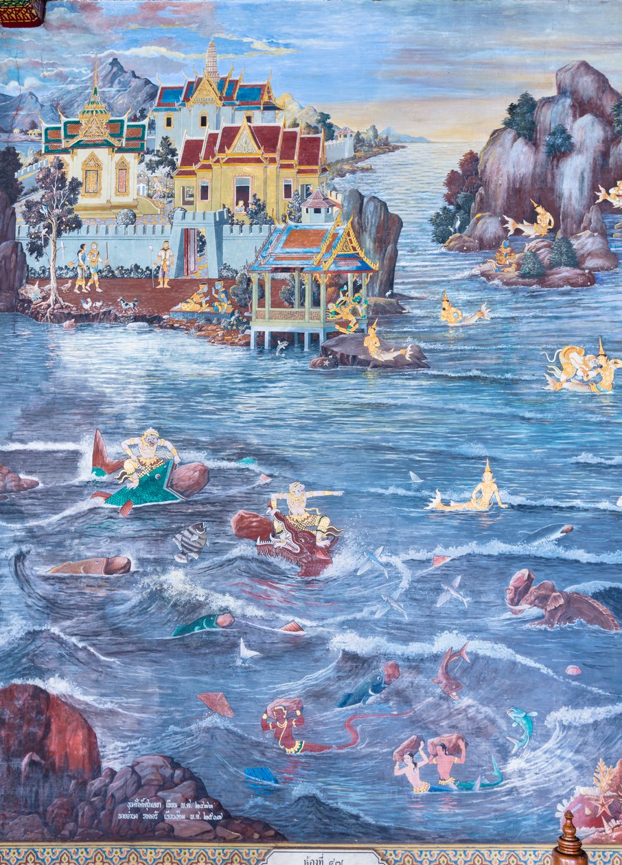 Mural con escenas del Ramayana en Wat Phra Kaeo, Gran Palacio Real, Bangkok, Tailandia de Thai School