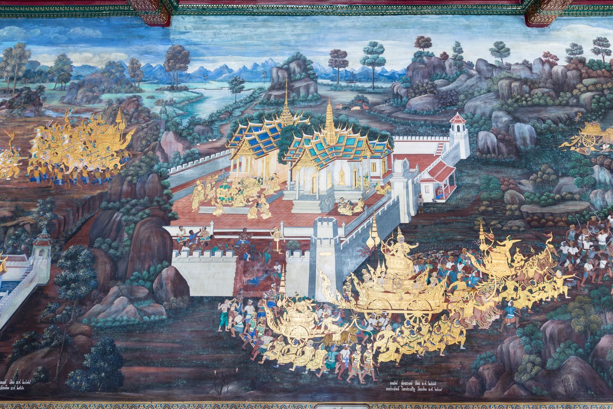 Mural con escenas del Ramayana en Wat Phra Kaeo, Gran Palacio Real, Bangkok, Tailandia de Thai School