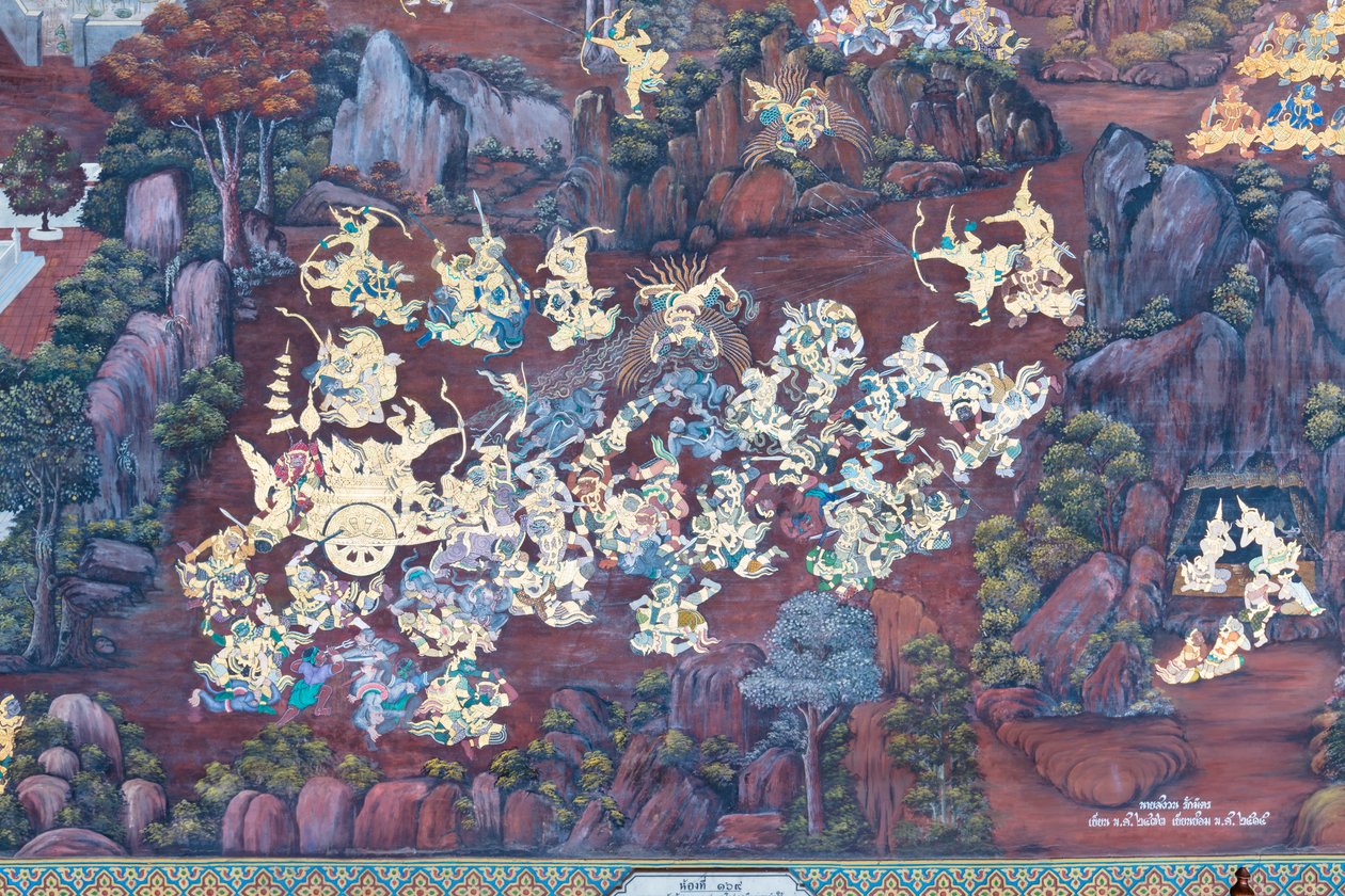 Mural con escenas del Ramayana en Wat Phra Kaeo, Gran Palacio Real, Bangkok, Tailandia de Thai School