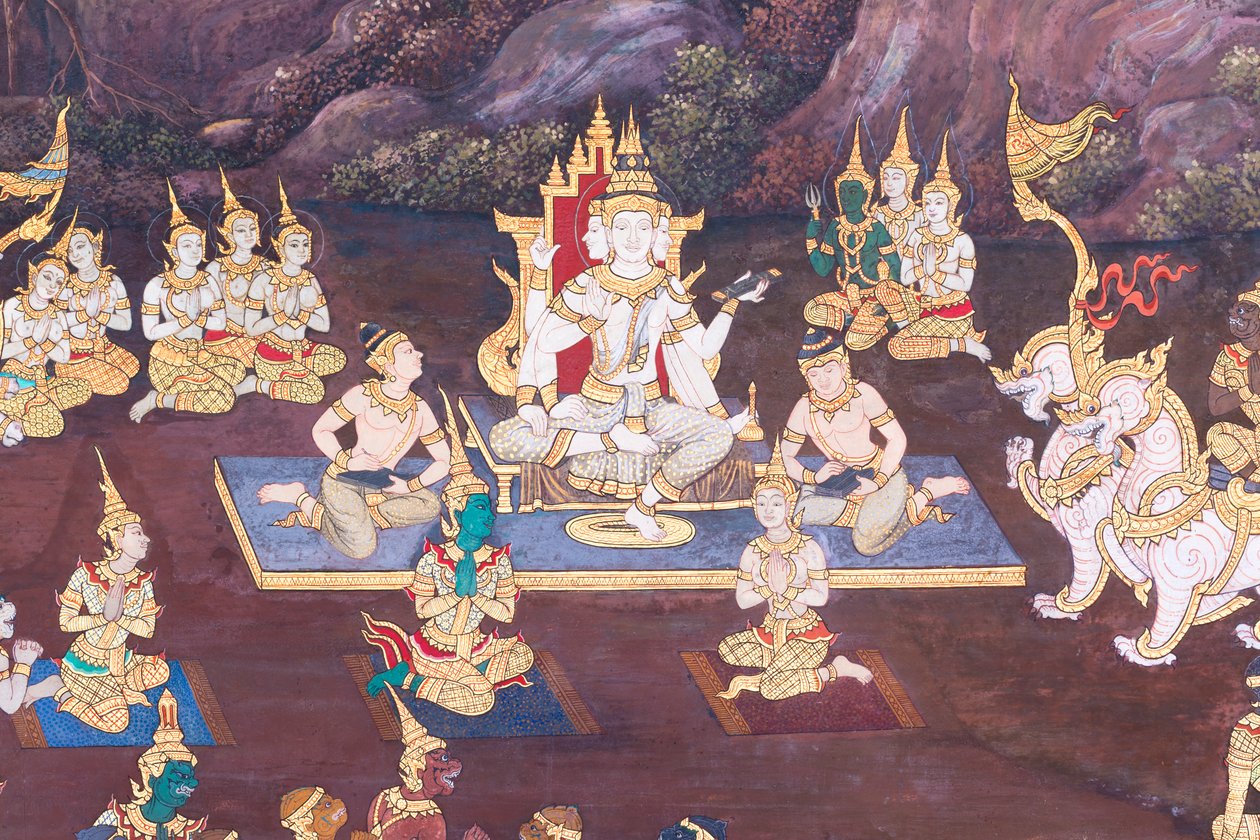 Mural con escenas del Ramayana en Wat Phra Kaeo, Gran Palacio Real, Bangkok, Tailandia de Thai School