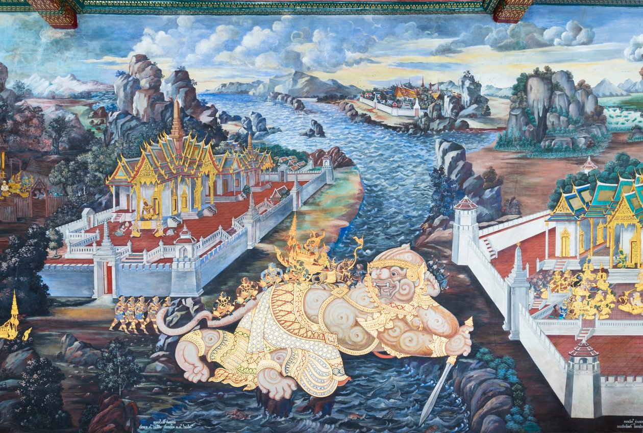 Mural con escenas del Ramayana en Wat Phra Kaeo, Gran Palacio Real, Bangkok, Tailandia de Thai School