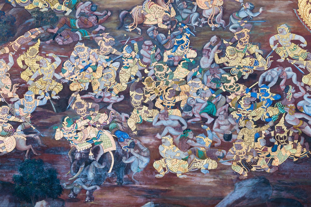 Mural con escenas del Ramayana en Wat Phra Kaeo, Gran Palacio Real, Bangkok, Tailandia de Thai School