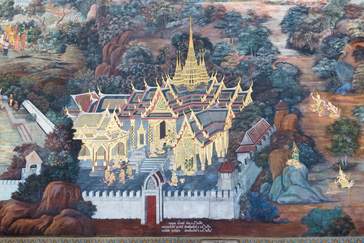 Mural con escenas del Ramayana en Wat Phra Kaeo, Gran Palacio Real, Bangkok, Tailandia de Thai School