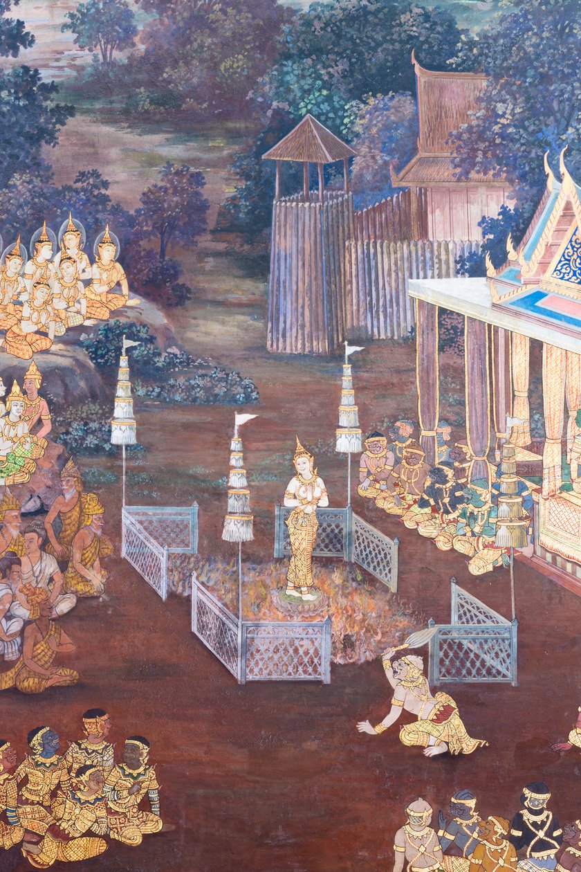 Mural con escenas del Ramayana en Wat Phra Kaeo, Gran Palacio Real, Bangkok, Tailandia de Thai School