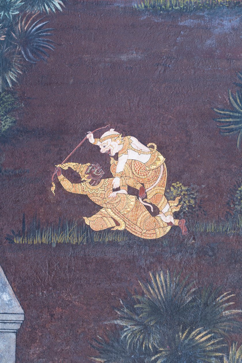 Mural con escenas del Ramayana en Wat Phra Kaeo, Gran Palacio Real, Bangkok, Tailandia de Thai School