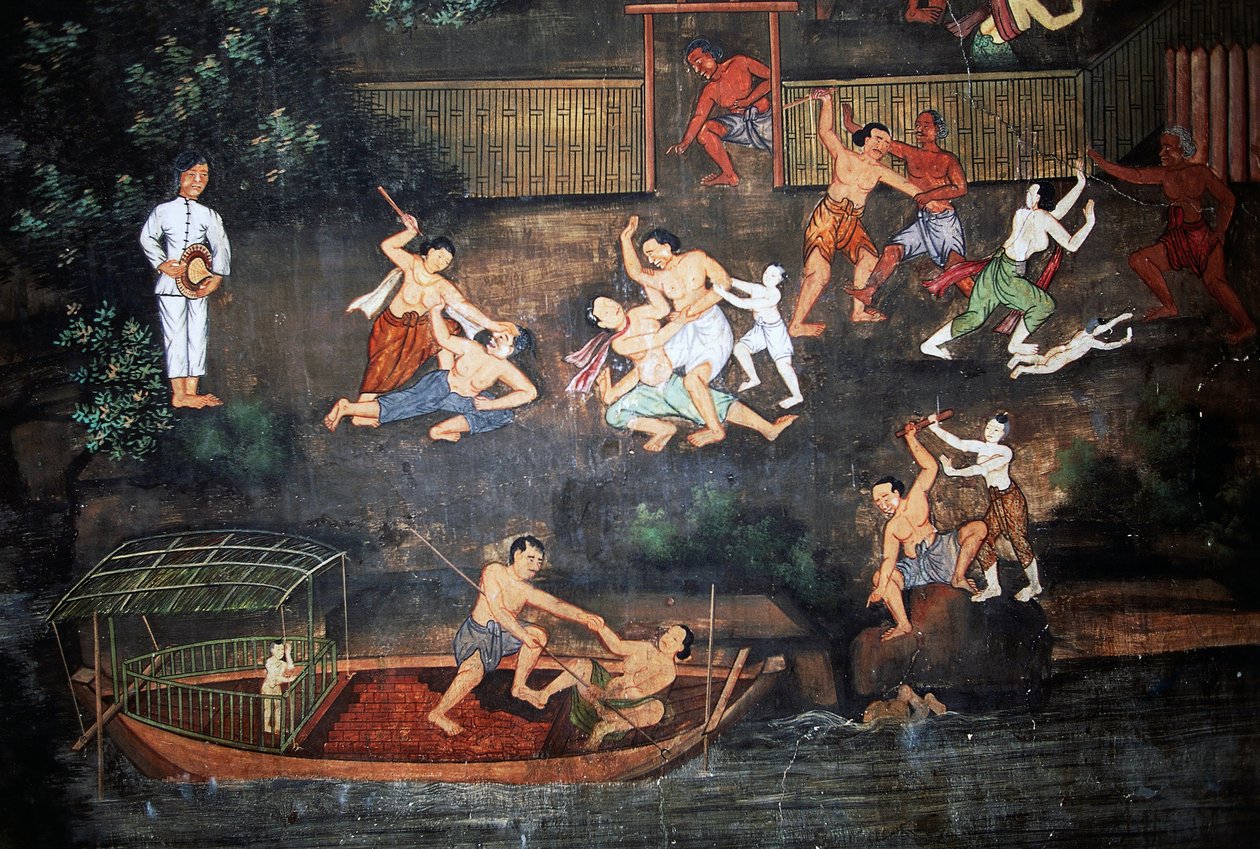 Murales con escenas de la vida de Buda, Wat Suwan Dararam, Parque Histórico de Ayutthaya (Lista del Patrimonio Mundial de la UNESCO de Thai School