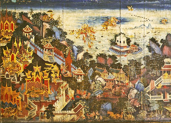 Panel trasero de un armario que representa una escena del Ramakien de Thai School