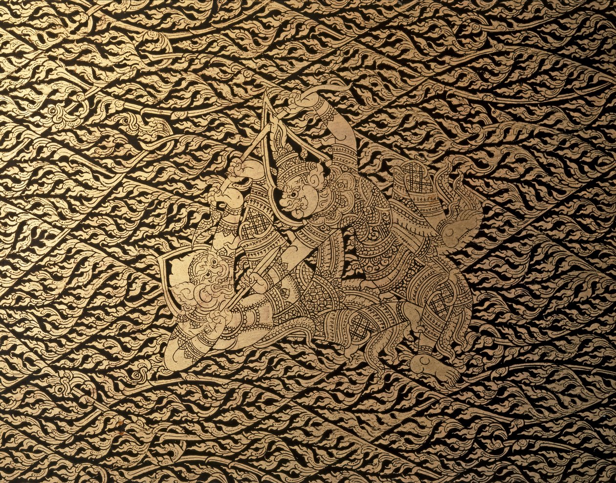 ARTE TAILANDÉS: Episodio del "Ramayana" con decoración Kra Nak. Estuche de libros, Bangkok St. de Thai School