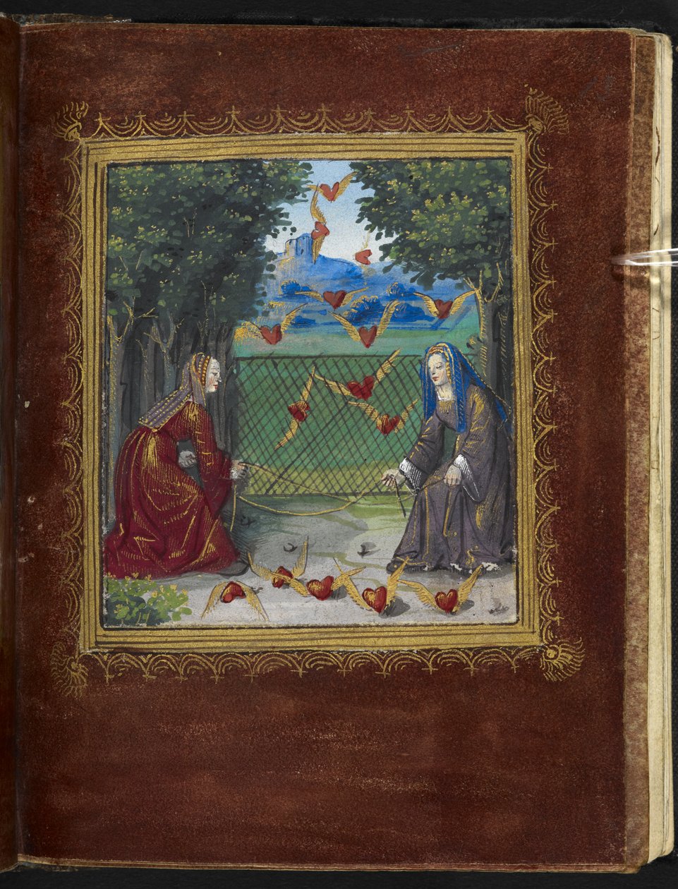 Stowe 955 f.13r Doncellas y corazones alados, miniatura del 