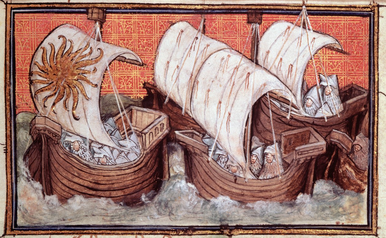 Harl 1319 f.18 La salida de la flota de Ricardo II de Irlanda, Historia del rey de Inglaterra, Ricardo II (vitela) de The Virgil Master