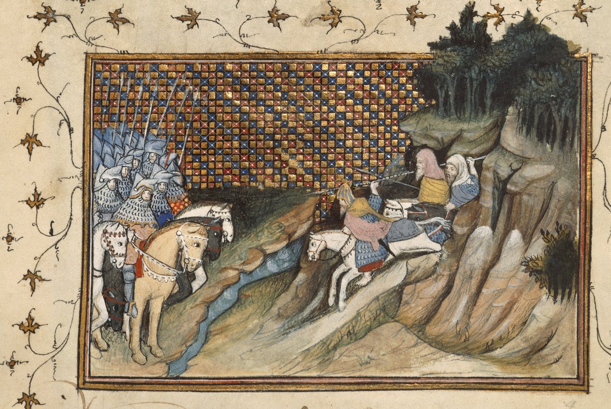 Harley 1319, f.9 Art Mór cabalgando para encontrarse con el conde de Gloucester, de 