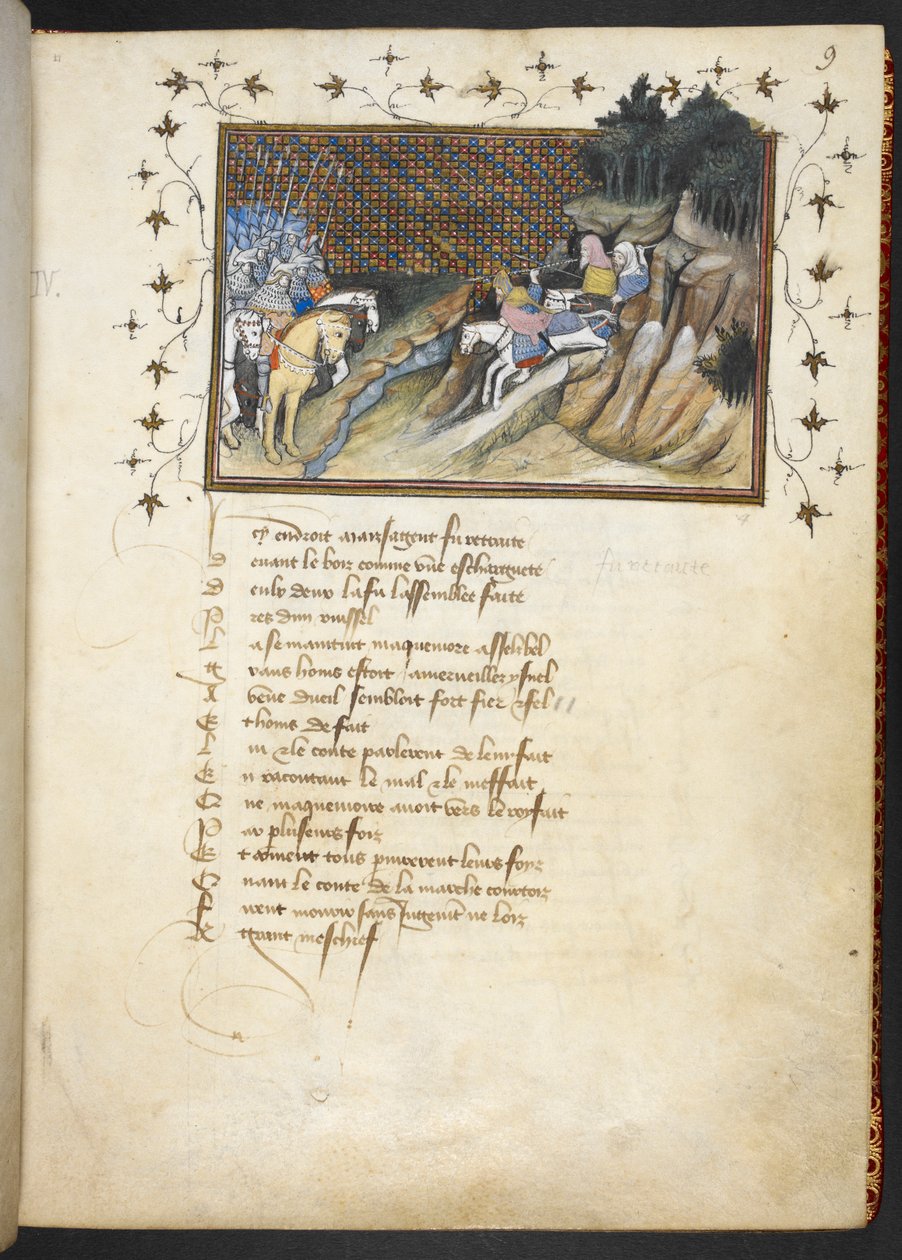 MacMorogh, el jefe irlandés, acercándose al duque de Gloucester, MS Harley 1319, f.9r de The Virgil Master