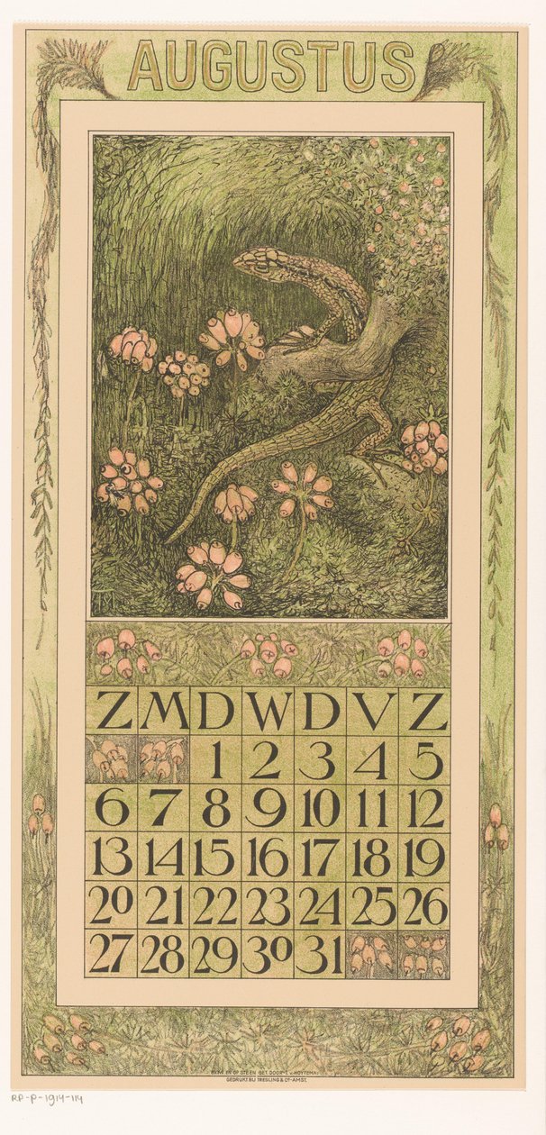 Página del calendario Agosto con lagarto y brezo
Calendario 1911 12 litografías de Th. v. Hoytema (título de la serie) de Theo van Hoytema