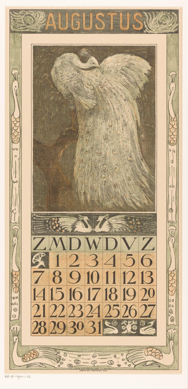 Hoja de calendario agosto con pavo real blanco
Calendario 1910 12 litografías de Th. v. Hoytema (título de la serie) de Theo van Hoytema