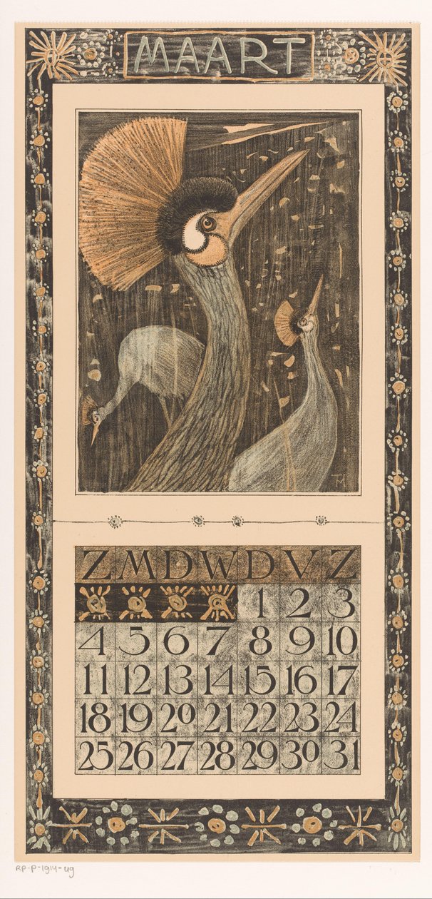 Hoja de calendario de marzo con grúas de corona
Calendario 1906 12 litografías de Th. v. Hoytema (título de la serie) de Theo van Hoytema