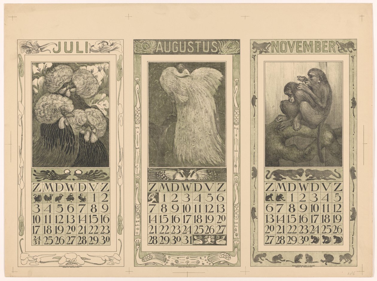 Calendarios de julio, agosto y noviembre de 1910 de Theo van Hoytema