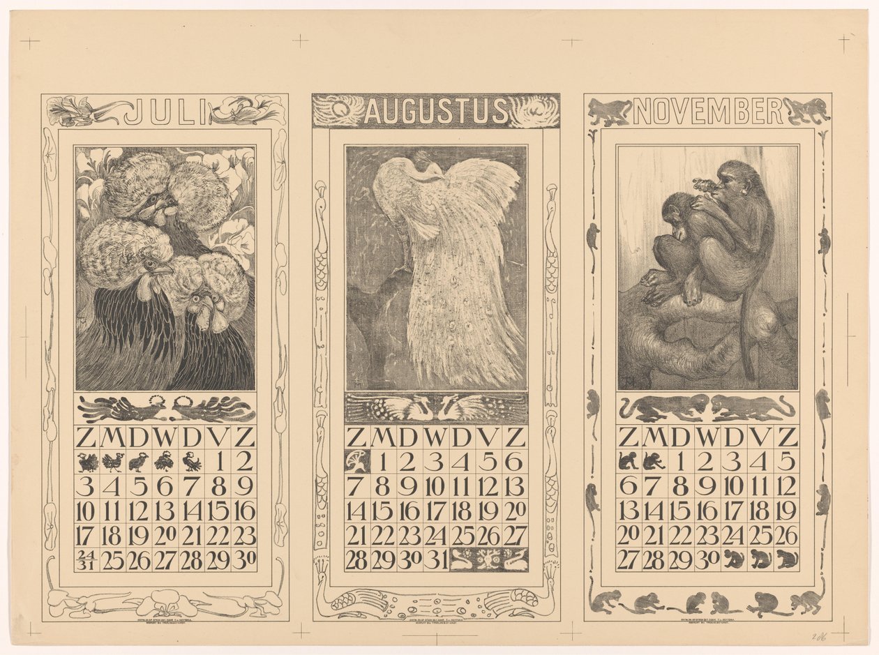 Calendarios de julio, agosto y noviembre de 1910 de Theo van Hoytema