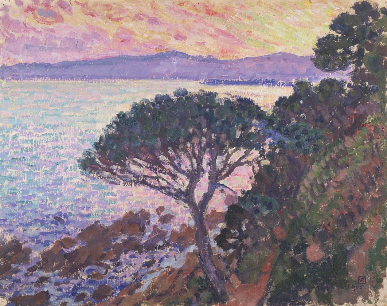Pino junto al mar al atardecer de Théo van Rysselberghe
