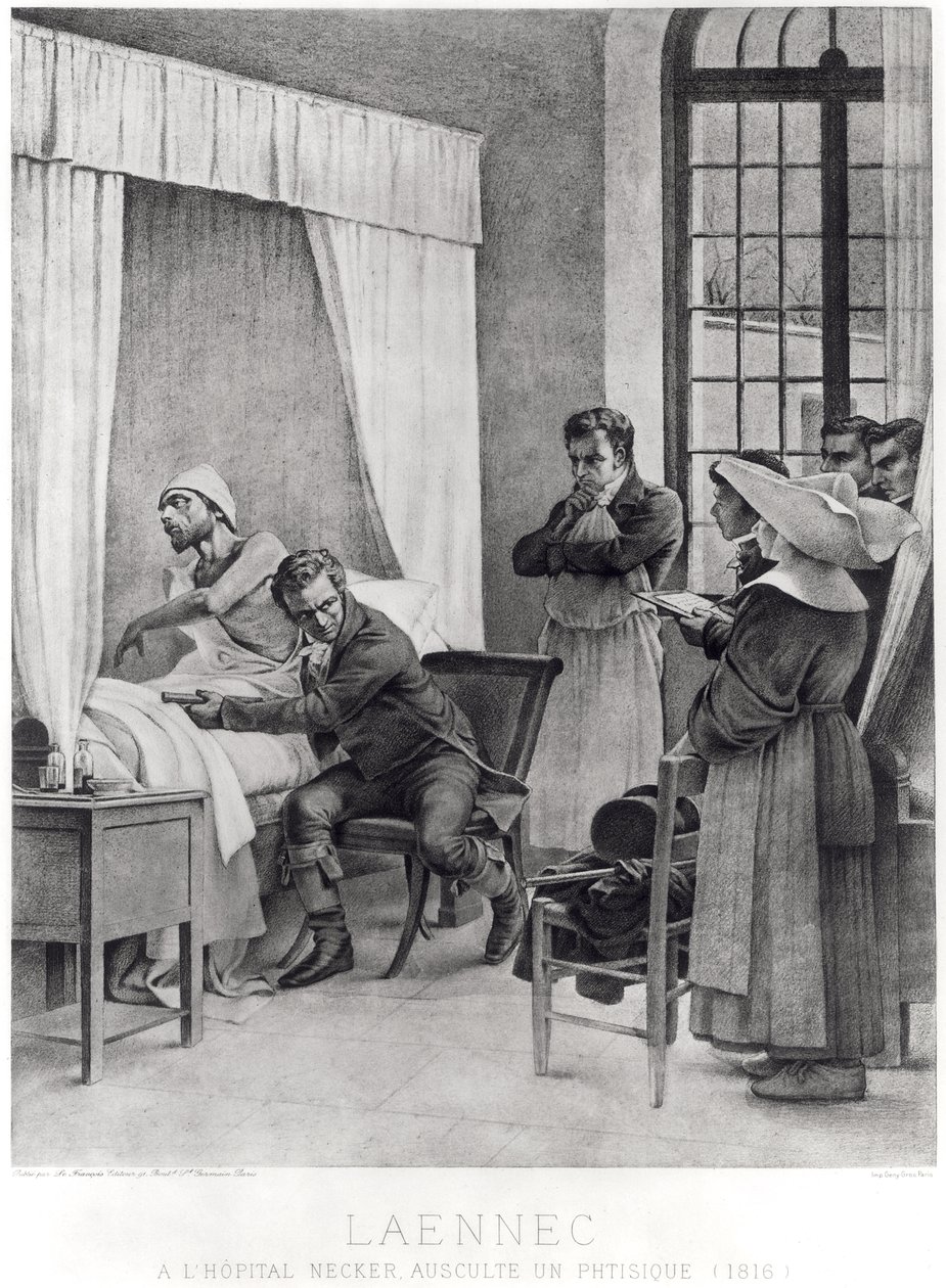 René Théophile Hyacinthe Laennec escuchando el pecho de un hombre con tuberculosis de Theobald Chartran