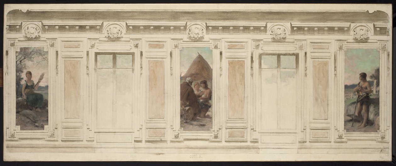 Boceto de la sala de matrimonios del Ayuntamiento de Courbevoie: Fileuse. La boda. Berger, en 1884 (óleo sobre lienzo) de Theobald Chartran