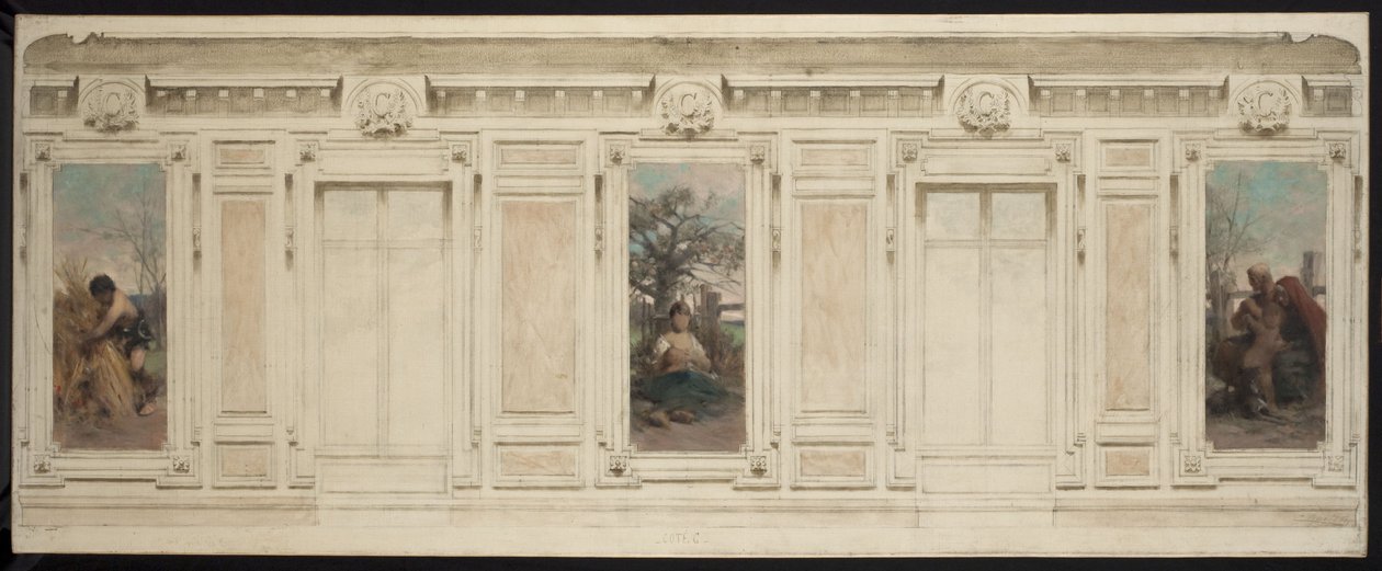 Boceto para la sala de matrimonios del ayuntamiento de Courbevoie: zapatero, maternidad, educación de Theobald Chartran