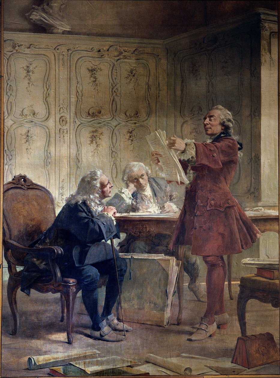 El naturalista y intendente del Jardin du roi Georges-Louis Leclerc, Conde de Buffon (1707-1788) lee las primeras hojas de su tratado de historia natural frente al botánico Bernard de Jussieu (1699-1777) y el naturalista Edme-Louis Daubenton (1732-17 de Theobald Chartran