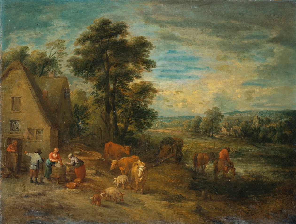 Paisaje con campesinos y ganado junto a una cabaña de Theobald Michau