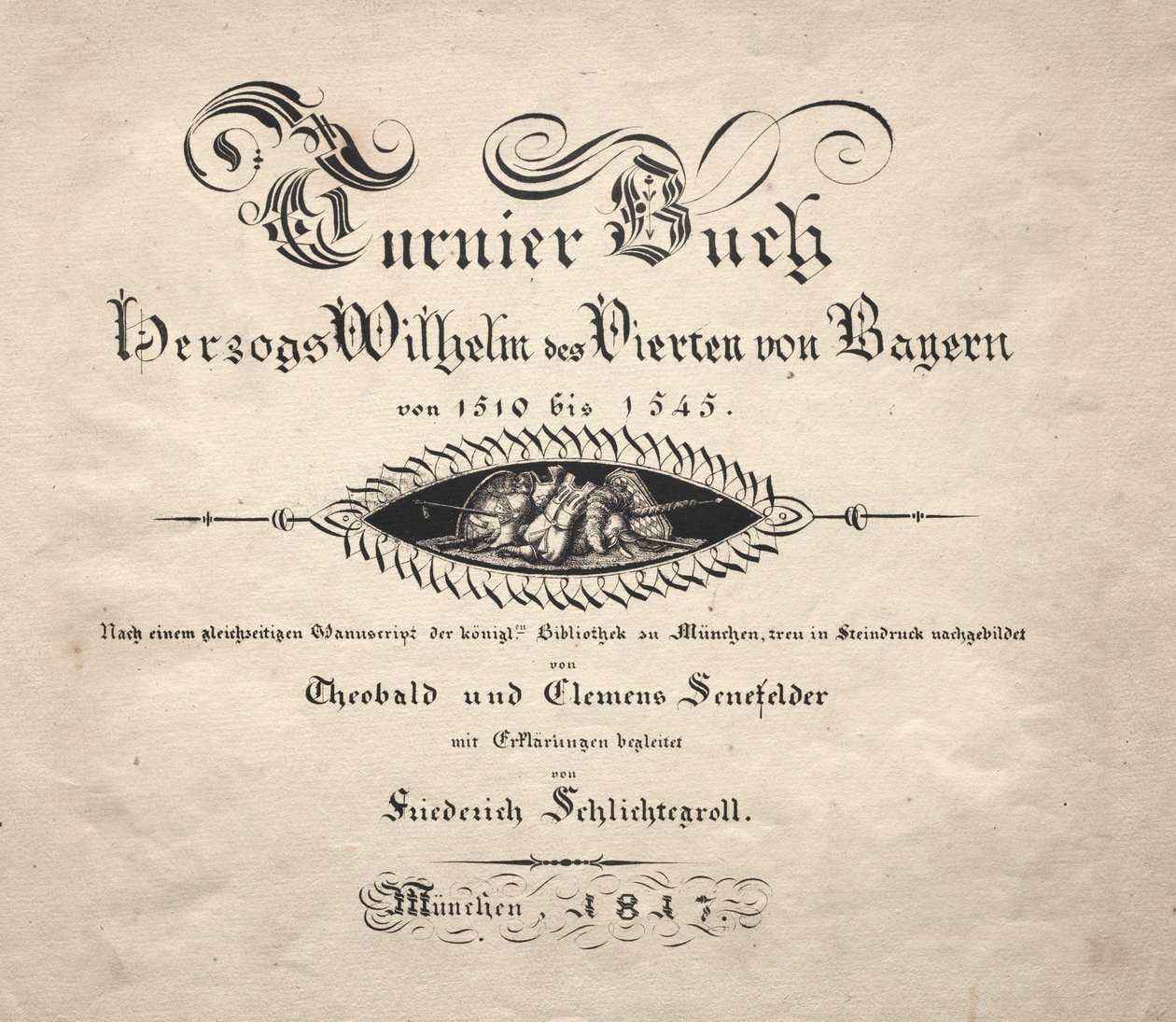 Libro sobre torneos: página del título de Theobald Senefelder