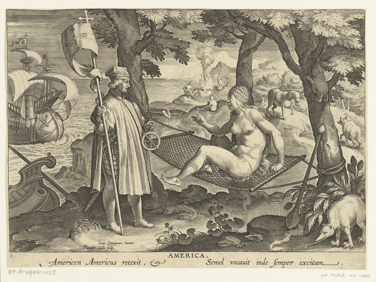 Amerigo Vespucci pisa América America. Américas Américas retexit. Semel vocauit inde semper excitam (título sobre objeto) Nuevos inventos y descubrimientos (título de la serie) Nova Reperta (título de la serie) de Theodoor Galle