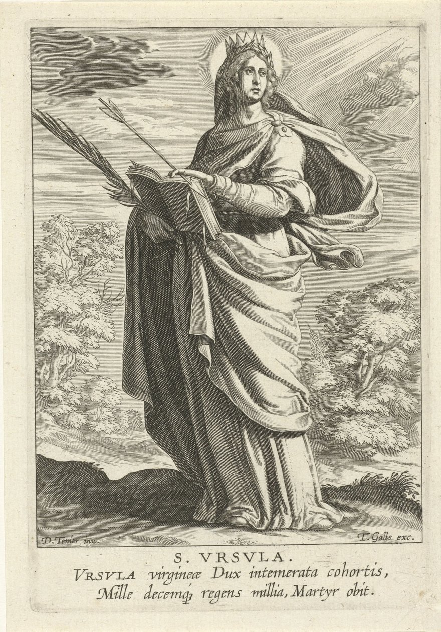 Santa Úrsula S. Vrsvla (título sobre el objeto) Heiligen femenino (título de la serie) Espejo Iluminado Virgen (título de la serie) de Theodoor Galle