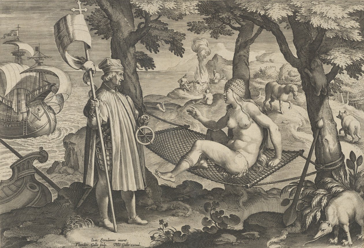 Nuevas invenciones de los tiempos modernos [Nova Reperta], El descubrimiento de América, placa 1, ca. 1600 de Theodoor Galle