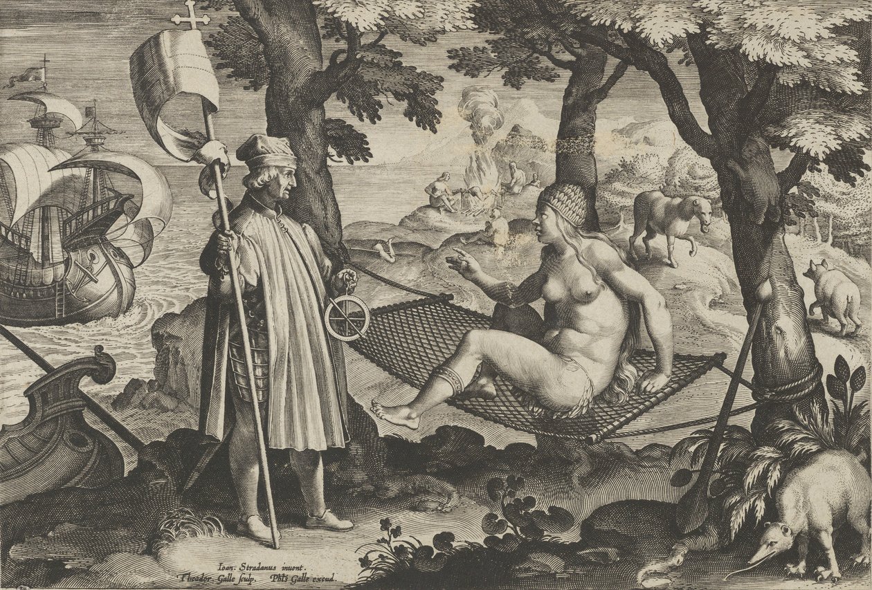 Nuevas Invenciones de los Tiempos Modernos [Nova Reperta], El Descubrimiento de América, placa 1, ca. 1600 de Theodoor Galle