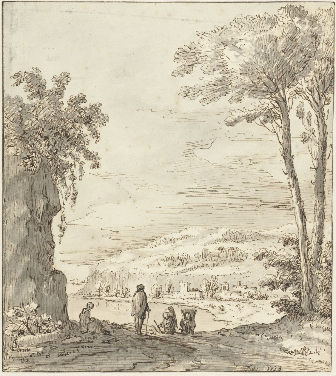 Paisaje fluvial italiano con excursionistas junto a una roca de Theodoor Wilkens