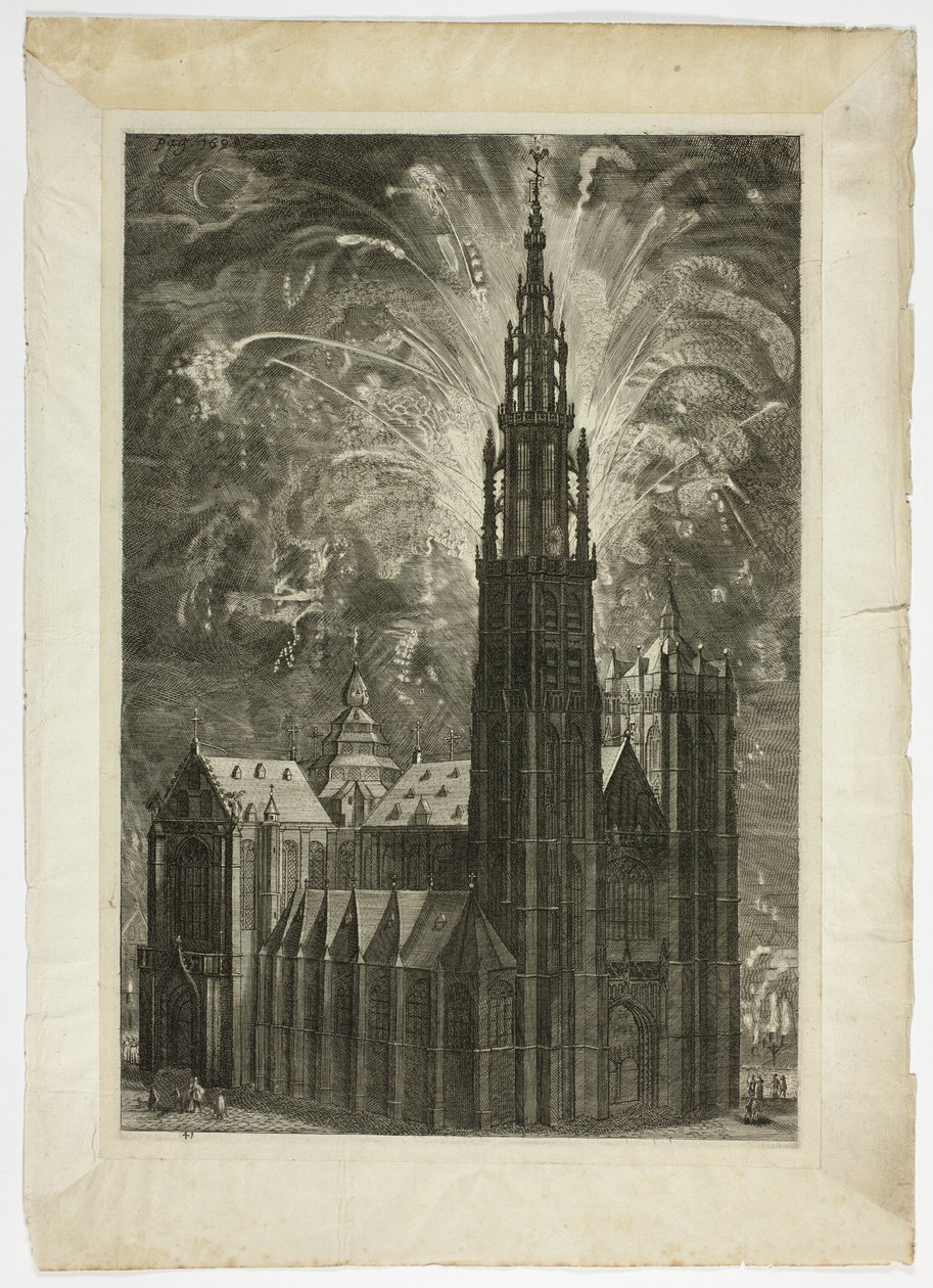 Fuegos Artificiales alrededor de la Catedral de Amberes, lámina 41 de Casperius Gevartius, Pompa Introitus Honori Serenissimi Principis Ferdinandi de Theodoor van Thulden