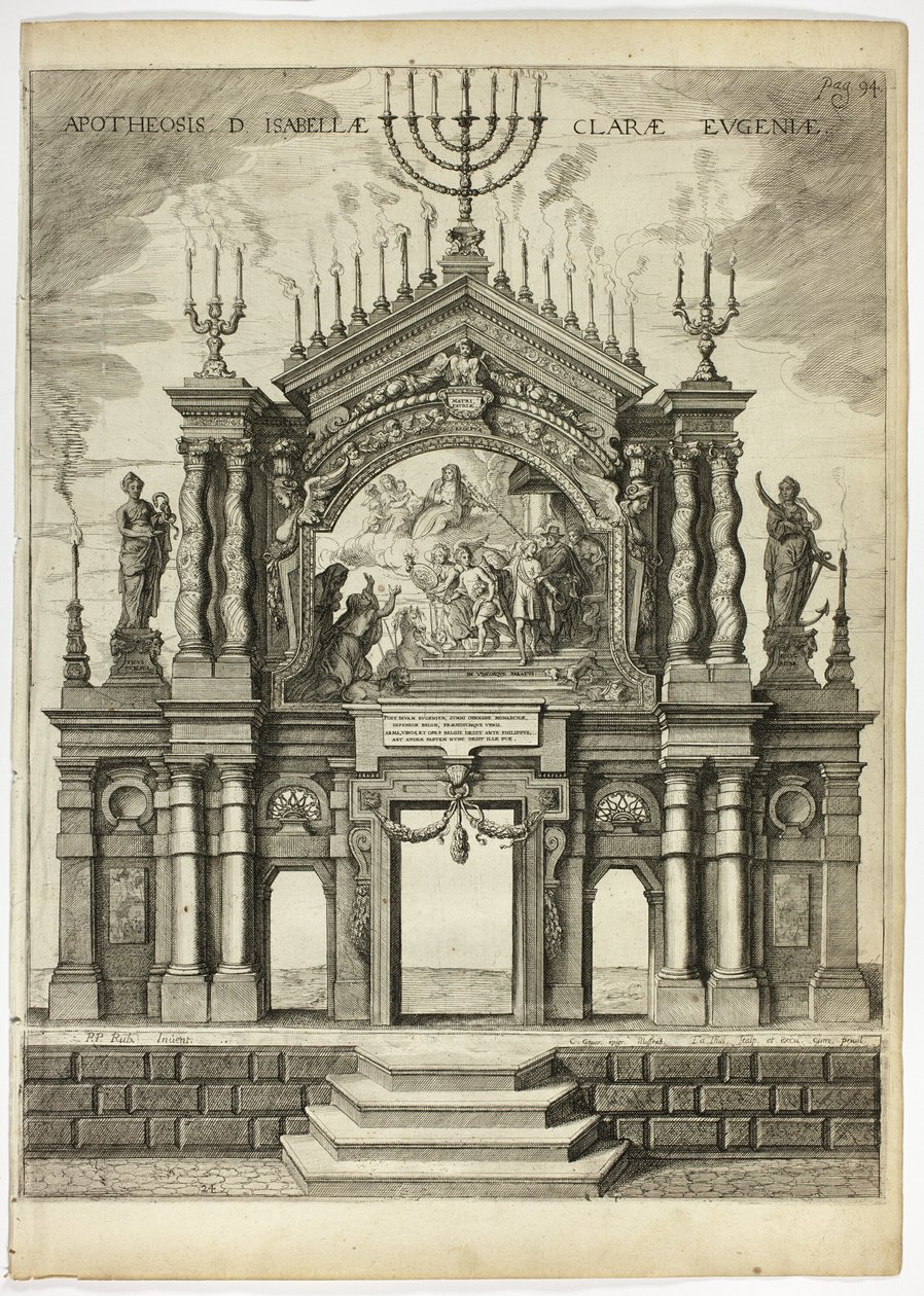 Escenario en memoria de Isabella Clara Eugenia, lámina 24 de Casperius Gevartius, Pompa Introitus Honori Serenissimi Principis Ferdinandi (Entrada triunfal del Serenísimo y Honorable Cardenal-Infante Fernando) de Theodoor van Thulden