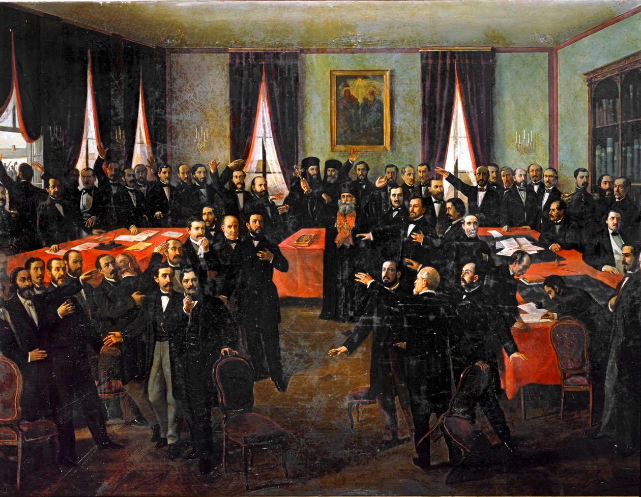 Proclamación de la unión de los principados de Rumanía ... (pintura sobre lienzo) de Theodor Aman