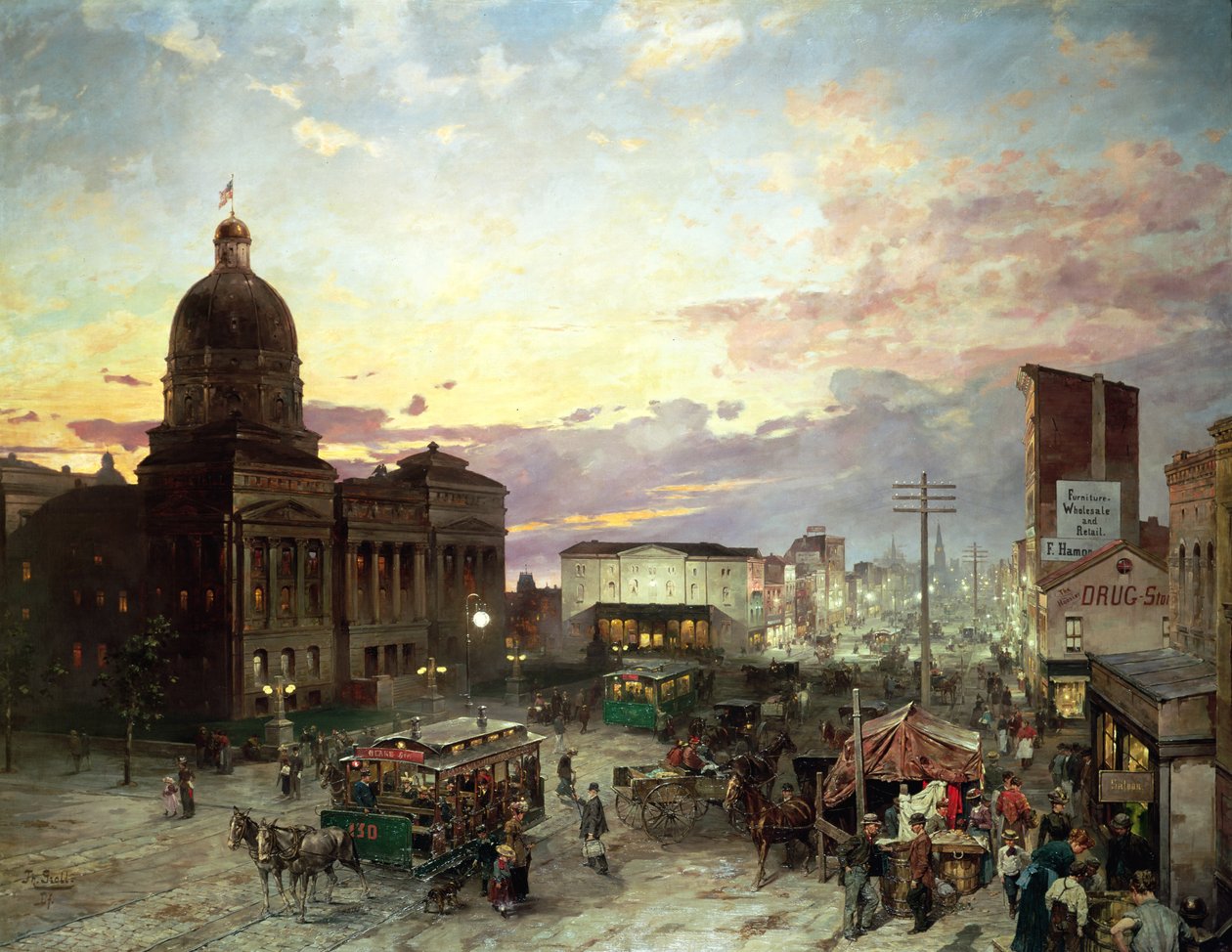 Washington Street, Indianapolis at Dusk (óleo sobre lienzo) de Theodor Groll
