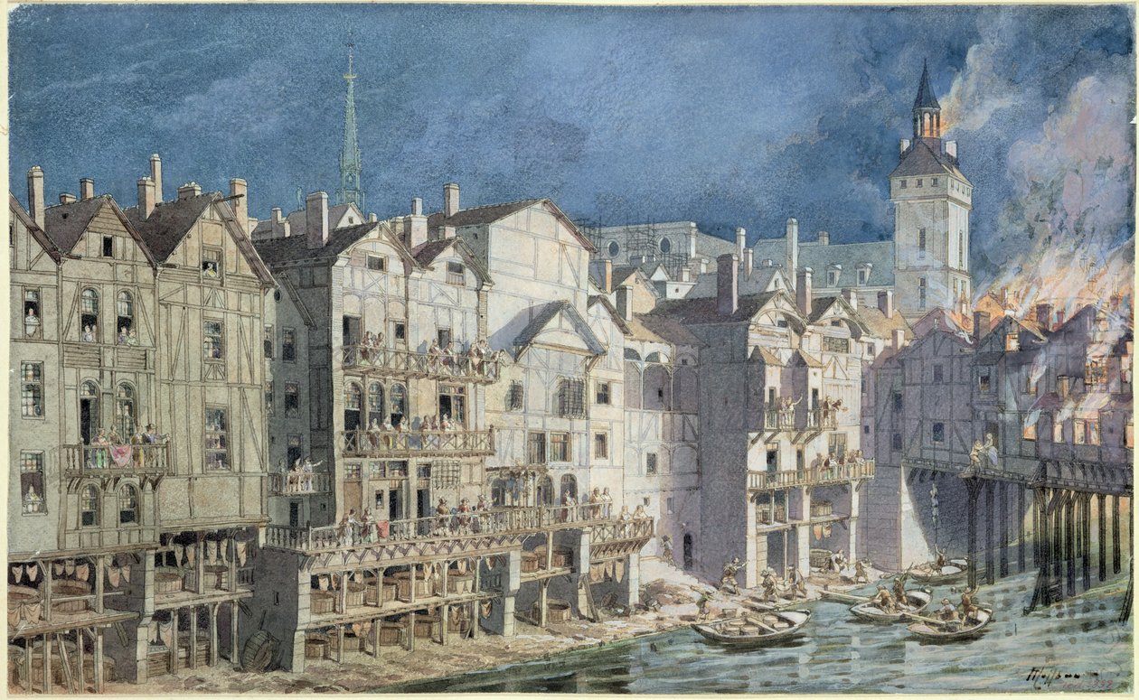 Incendio en el Pont aux Meuniers en 1621 de Theodor Josef Hubert Hoffbauer