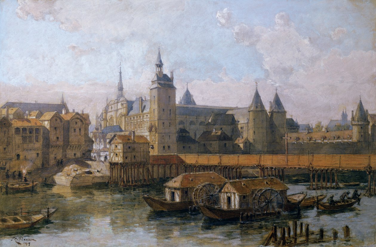 La Île de la Cité y el Palais de Justice (anteriormente el Palais Royal) en el siglo XVI, 1917 de Theodor Josef Hubert Hoffbauer