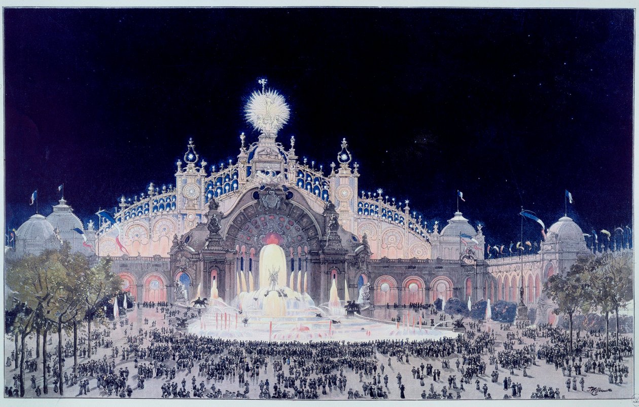 Exposición Universal: "Vista del Palacio de Electricidad y Castillo de Agua en París en 1900" Impresión de Theodore Joseph Hubert Hoffbauer (1839-1922) conocido como Fedor Hoffbauer. 1900 París, Museo Carnavalet de Theodor Josef Hubert Hoffbauer