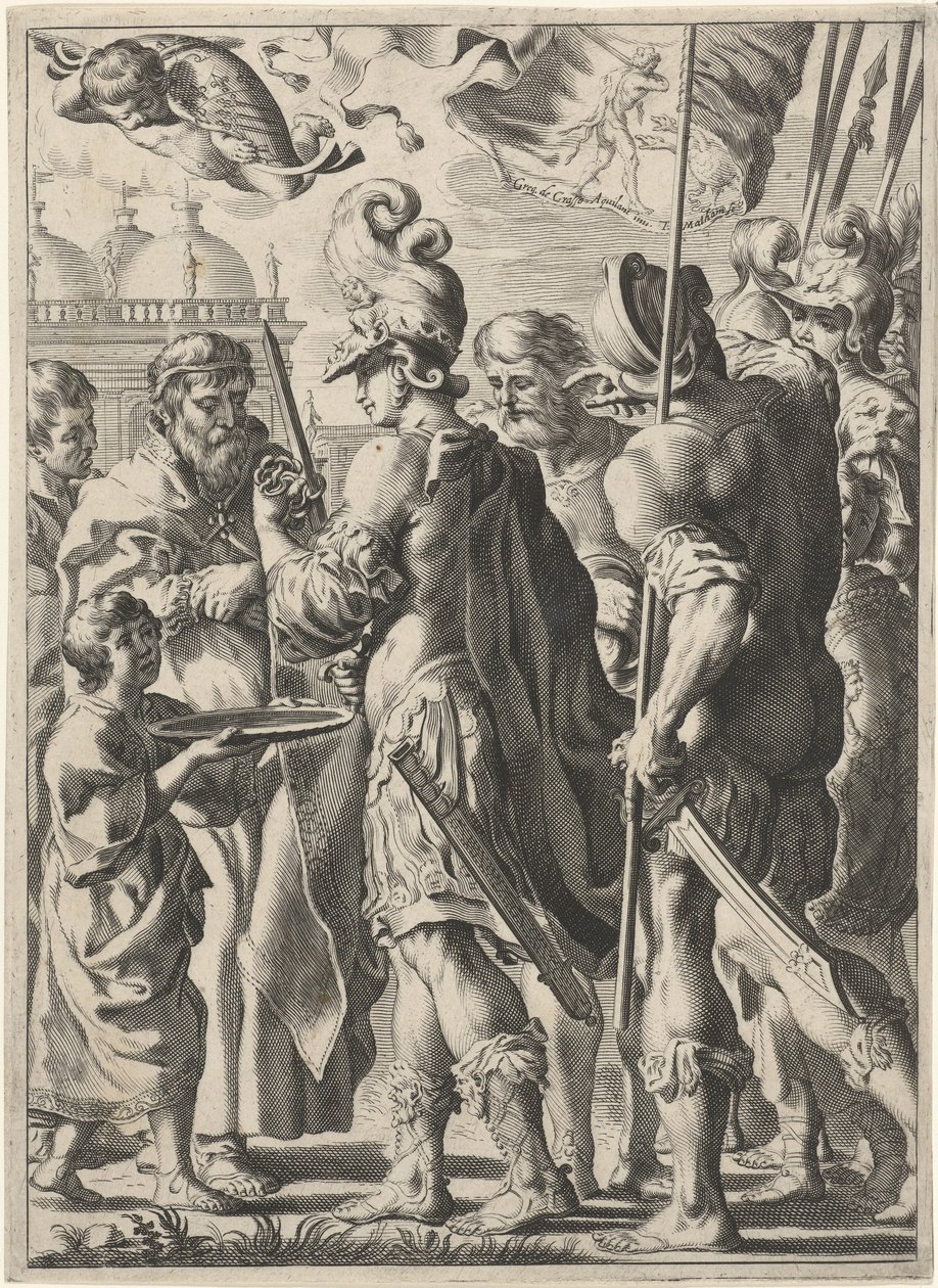 Alejandro Magno cortando el nudo gordiano con su espada de Theodor Matham